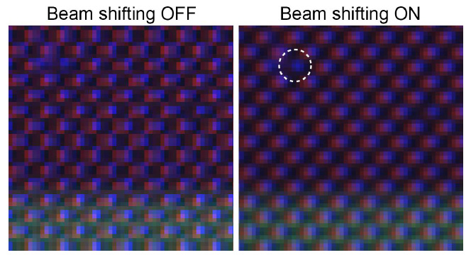 （左）BSW-20 關(guān)閉時(shí)的電話(huà)顯示圖像。(右圖）開(kāi)啟 BSW-20 后的手機(jī)顯示屏圖像?？梢院苋菀椎刈R(shí)別出缺失的像素（白色虛線(xiàn)圓圈標(biāo)識(shí)）